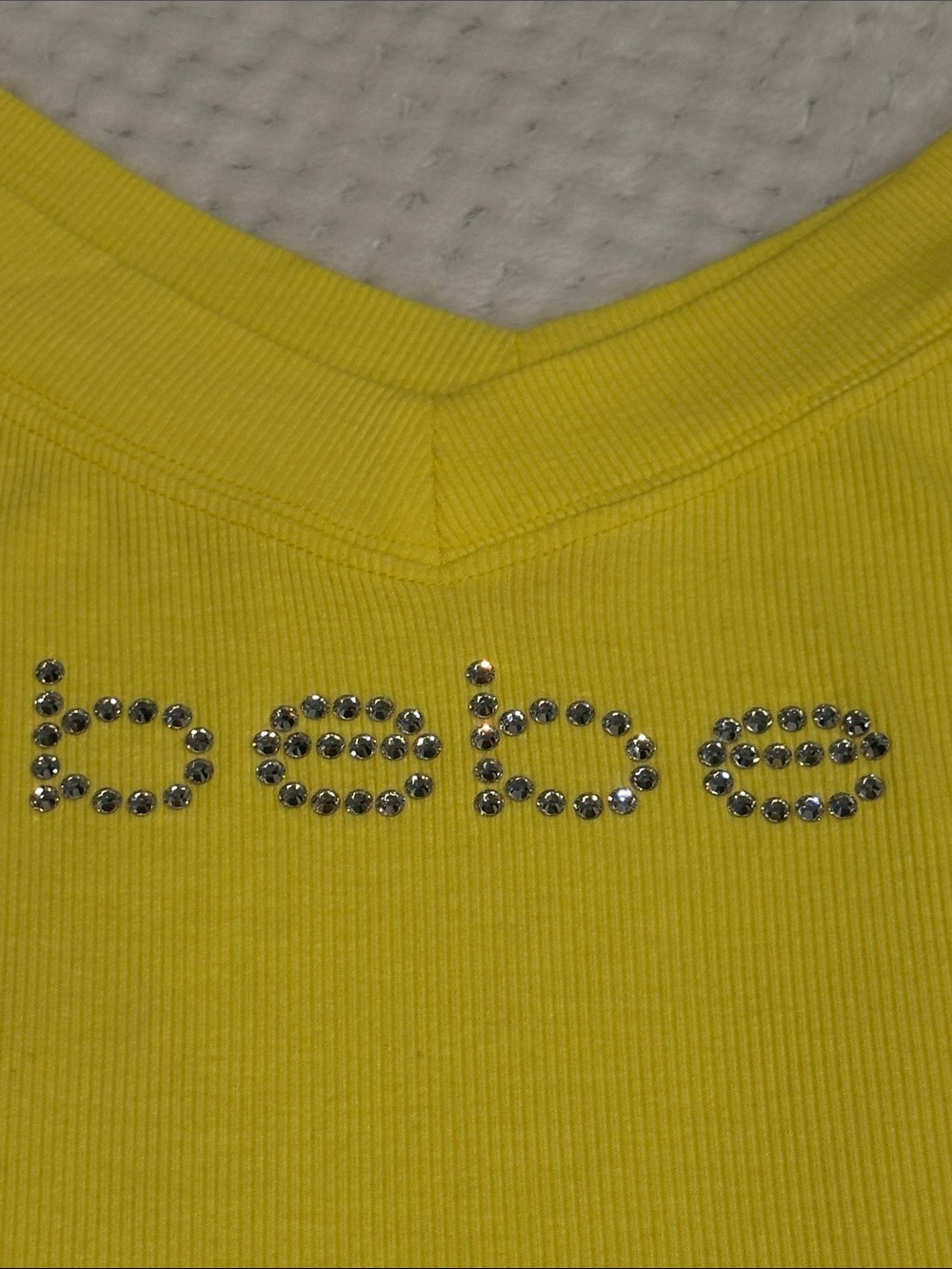 bebe Bright Yellow Rhinestone Logo Ribbed Top - Picture 3 of 5